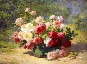 Main Product Photo of A Mixed Bouquet of Roses in a Green Barrel Painting by Abbott Fuller Graves