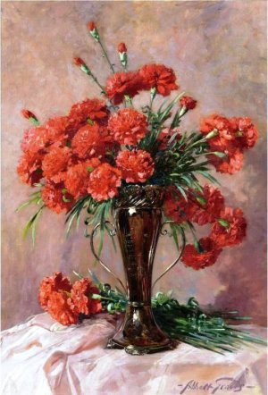 Main Product Photo of Red Carnations in a Silver Vase Painting by Abbott Fuller Graves